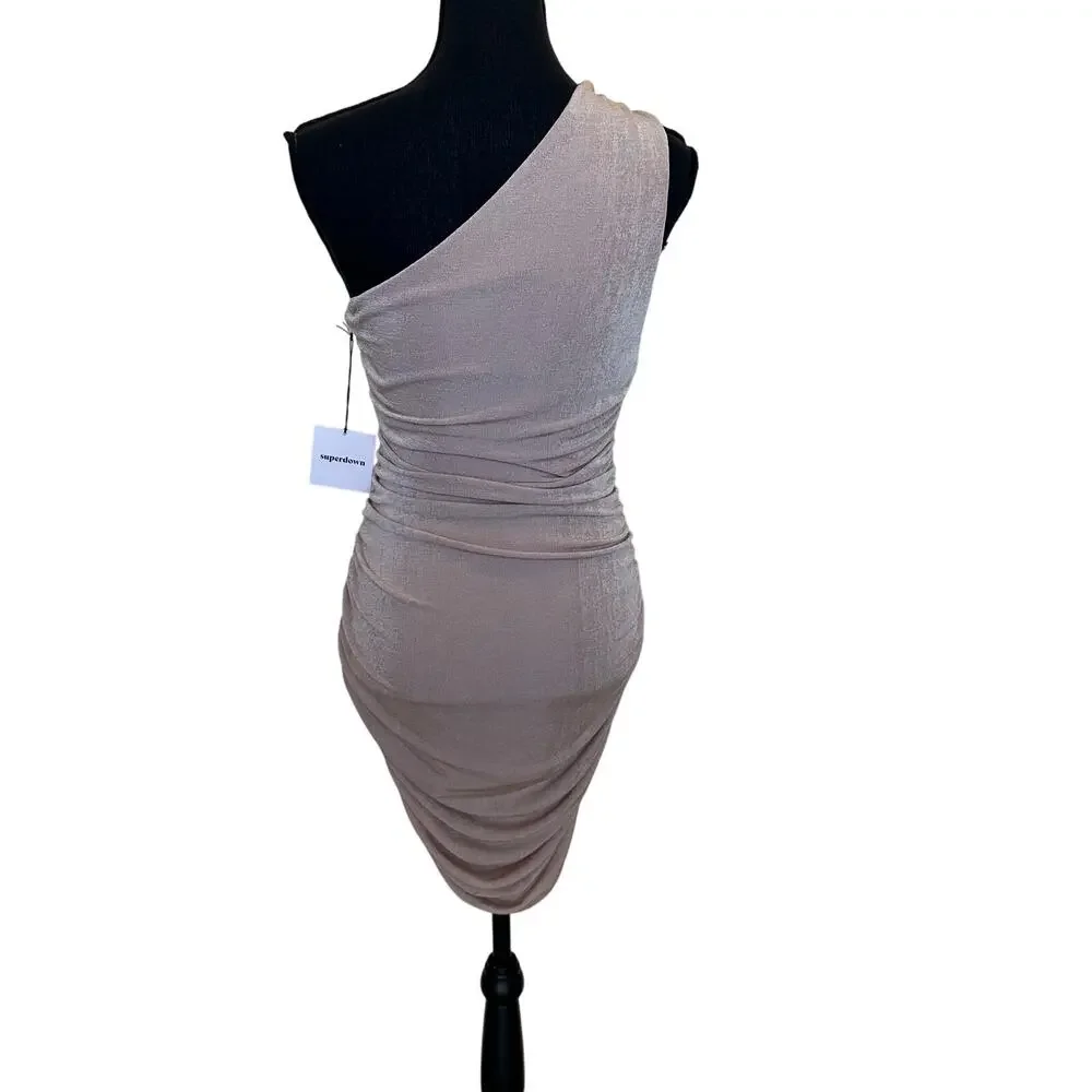 Superdown Nude Slinky One Shoulder Mini Dress MEDIUM Ruched Revolve Cut Out NEW - Picture 6 of 10